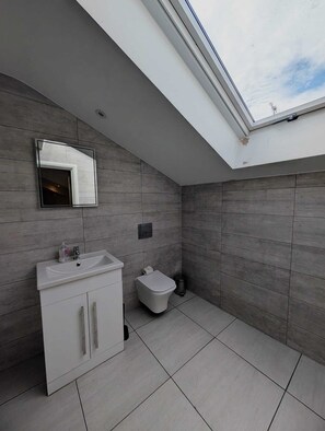 A modern bathroom with a skylight, grey tiles, a white sink, and a toilet. - City Centre Penthouse Apartment (Liverpool)