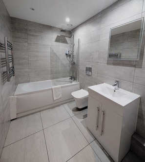 Hair dryer, towels, soap, shampoo