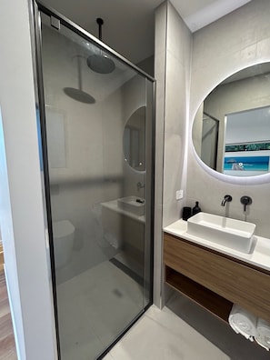 A modern bathroom with a glass-enclosed shower, a white sink, and a large mirror.