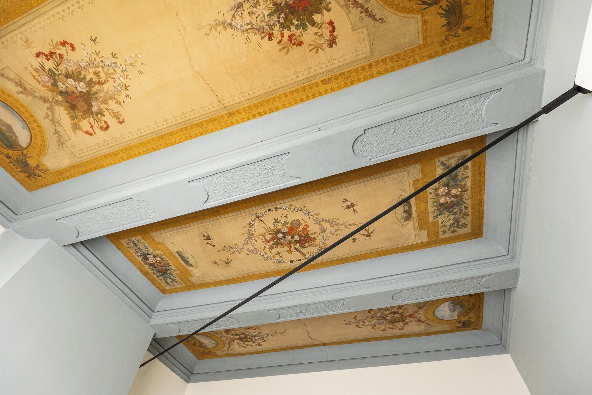 A ceiling with intricate floral and geometric patterns, a visible structural beam, and a section of a wall with a decorative molding.