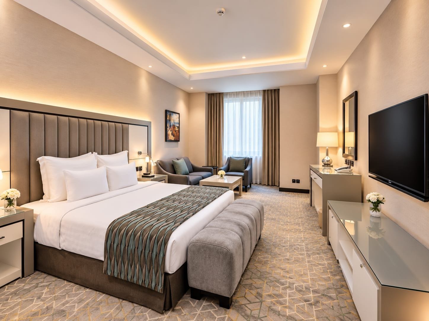 Habitación de hotel con una cama grande, un sofá, un escritorio, un televisor y una ventana con cortinas.