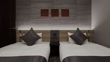 A hotel room with two beds, a wooden headboard, and a modern wall design.