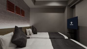 A hotel room with two beds, a flat-screen TV, and a brick-patterned wall.