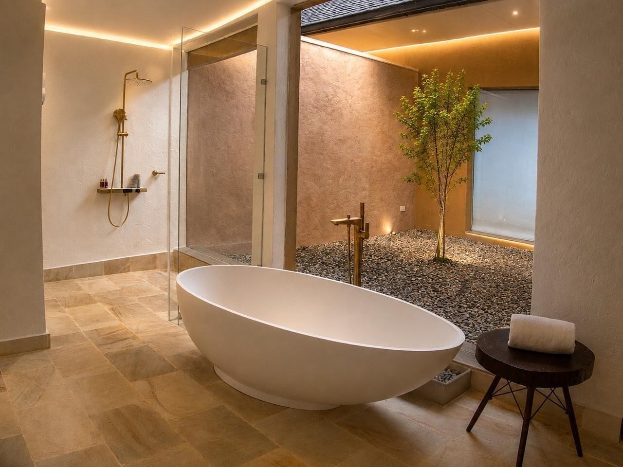 Separate bathtub and shower, slippers, towels, soap