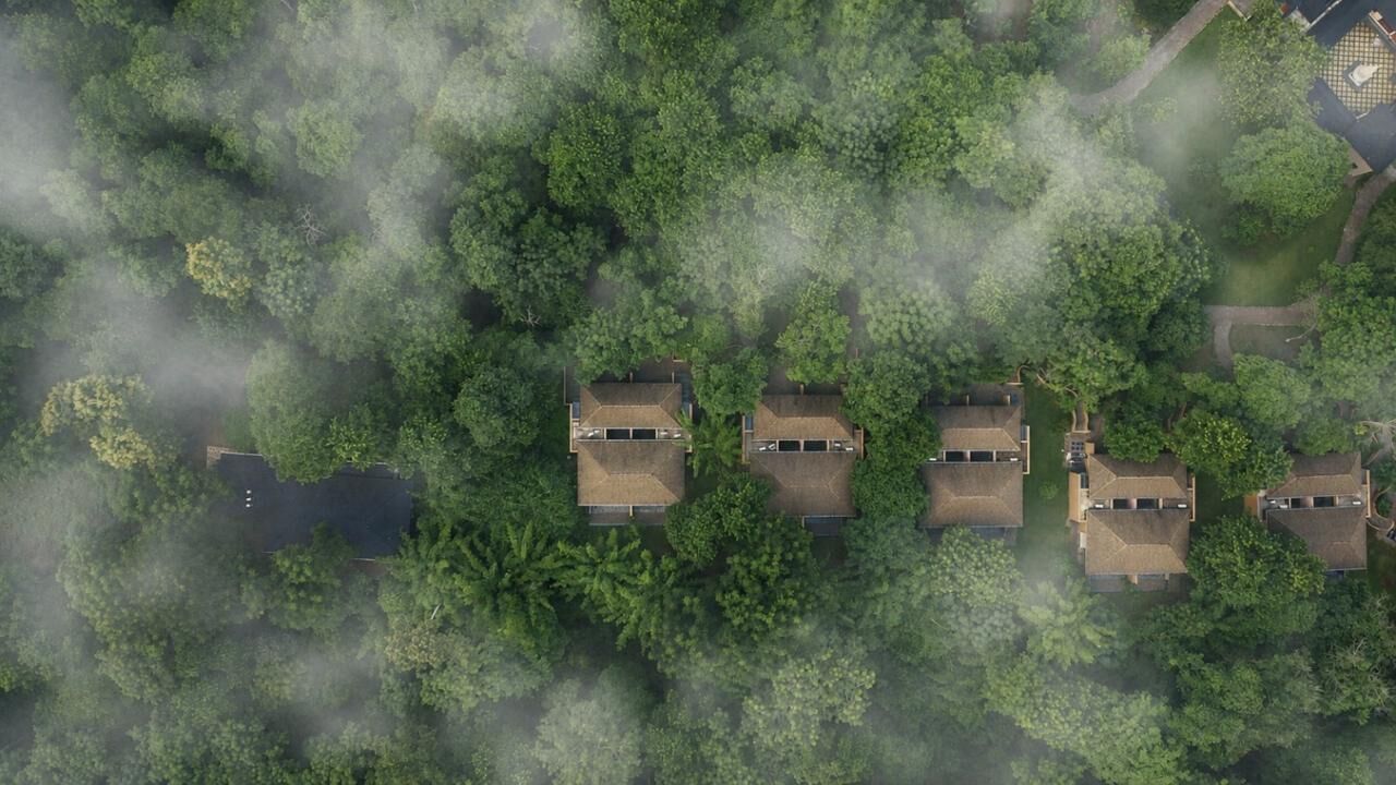 Ett flygbildsbild av ett bostadsområde med flera hus, omgivet av tät skog.