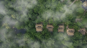 Vista aérea de una zona residencial con varias casas rodeadas de un bosque denso.