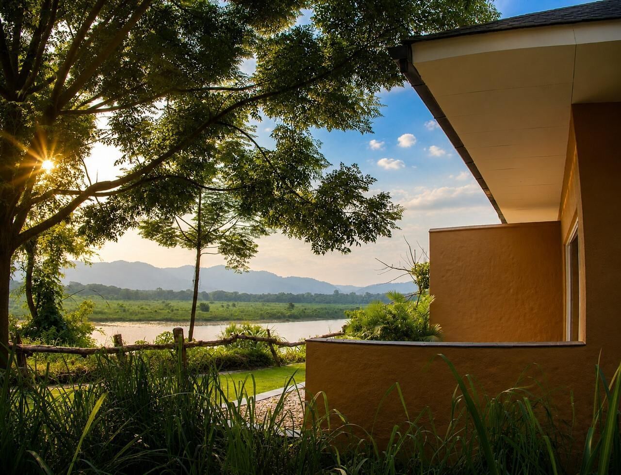 A modern building with a view of a river and mountains in the distance.