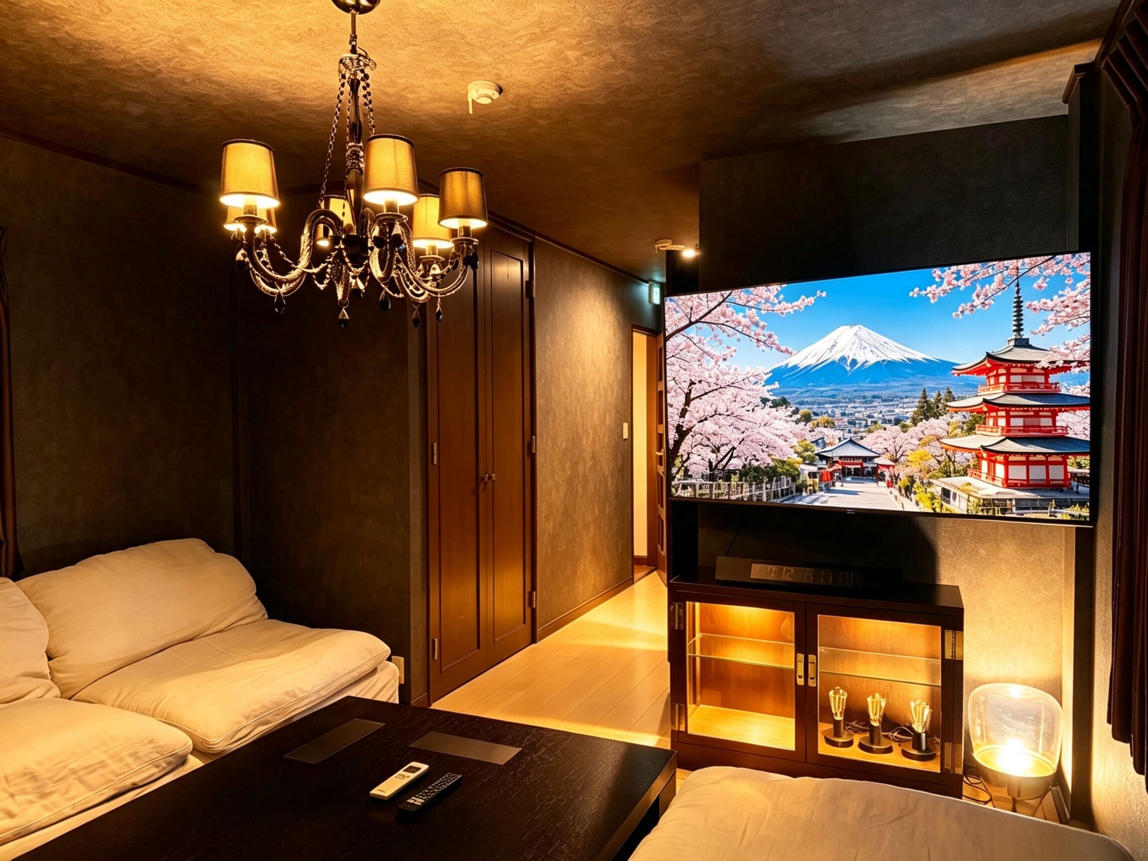 A hotel room with a bed, a TV displaying a scenic view, a chandelier, and a bedside table with a remote control.