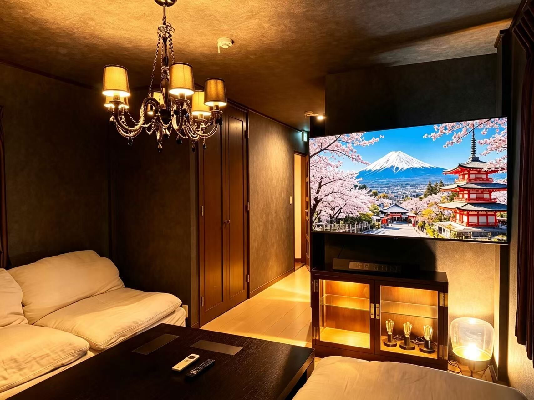 Habitación de hotel con cama, sofá, televisor mostrando una vista panorámica, candelabro y aparador con luces.