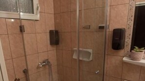A bathroom with a glass-enclosed shower, a toilet, and a sink.
