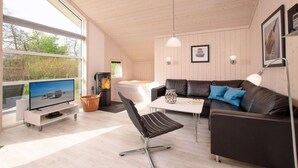 A modern living room with a large window, a fireplace, a sofa, a coffee table, and a television. - Charmante Sauna-hutte fur 6 Personen (Grossenbrode)
