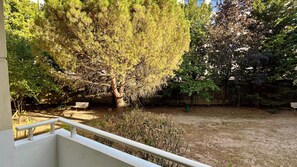 Un jardin avec un banc, un arbre et une clôture.