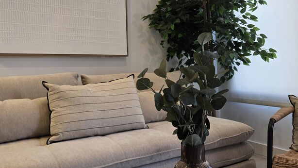 Ein Wohnzimmer mit einem beigefarbenen Sofa, einem gestreiften Kissen, einer Vase mit Grünpflanzen und einem Korbstuhl.