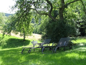 A grassy area with two metal chairs and a table under a tree.