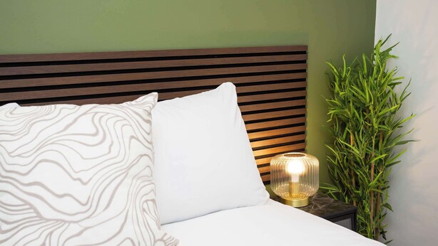 A neatly made bed with patterned pillows, a bedside lamp, and a tall green plant beside it. - Vacant Nests The Esplinade City Centre Wifi (Sunderland)