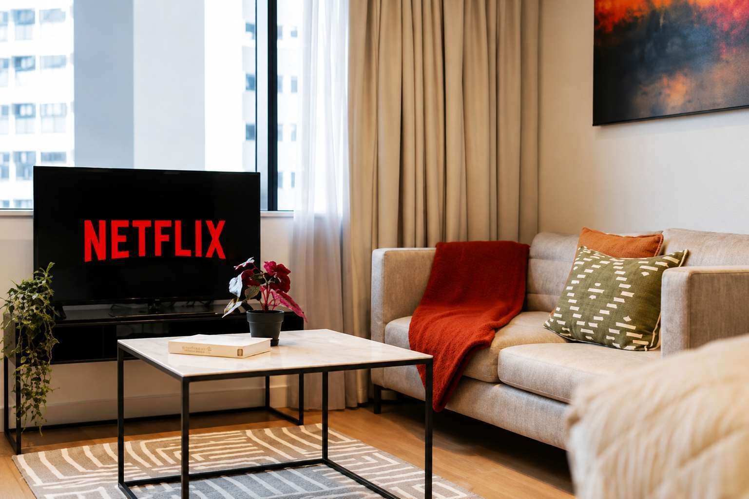 A modern living room with a flat-screen TV displaying 'NETFLIX,' a sofa with a red throw blanket, a patterned pillow, and a small table with a book and a plant.