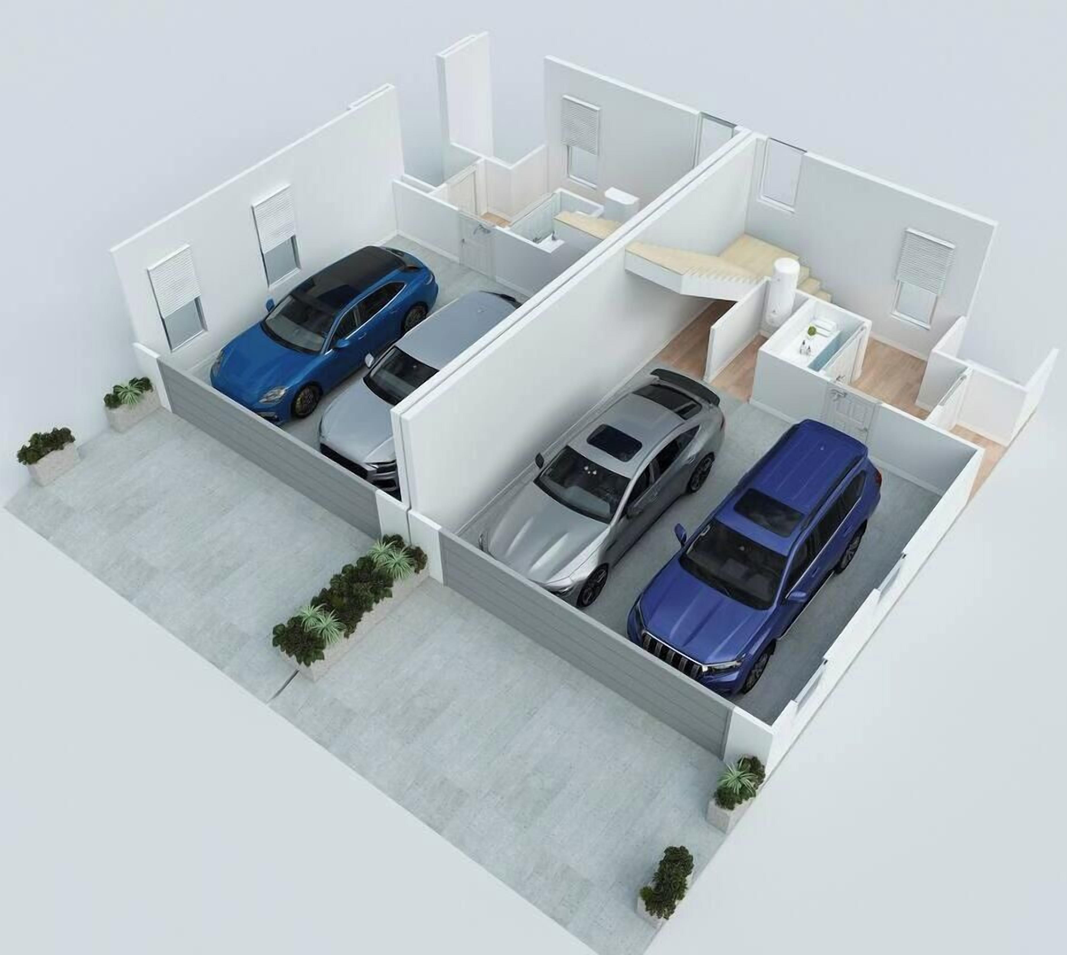 Un modèle 3D d’un appartement moderne comprenant deux places de stationnement, une kitchenette et un petit balcon.