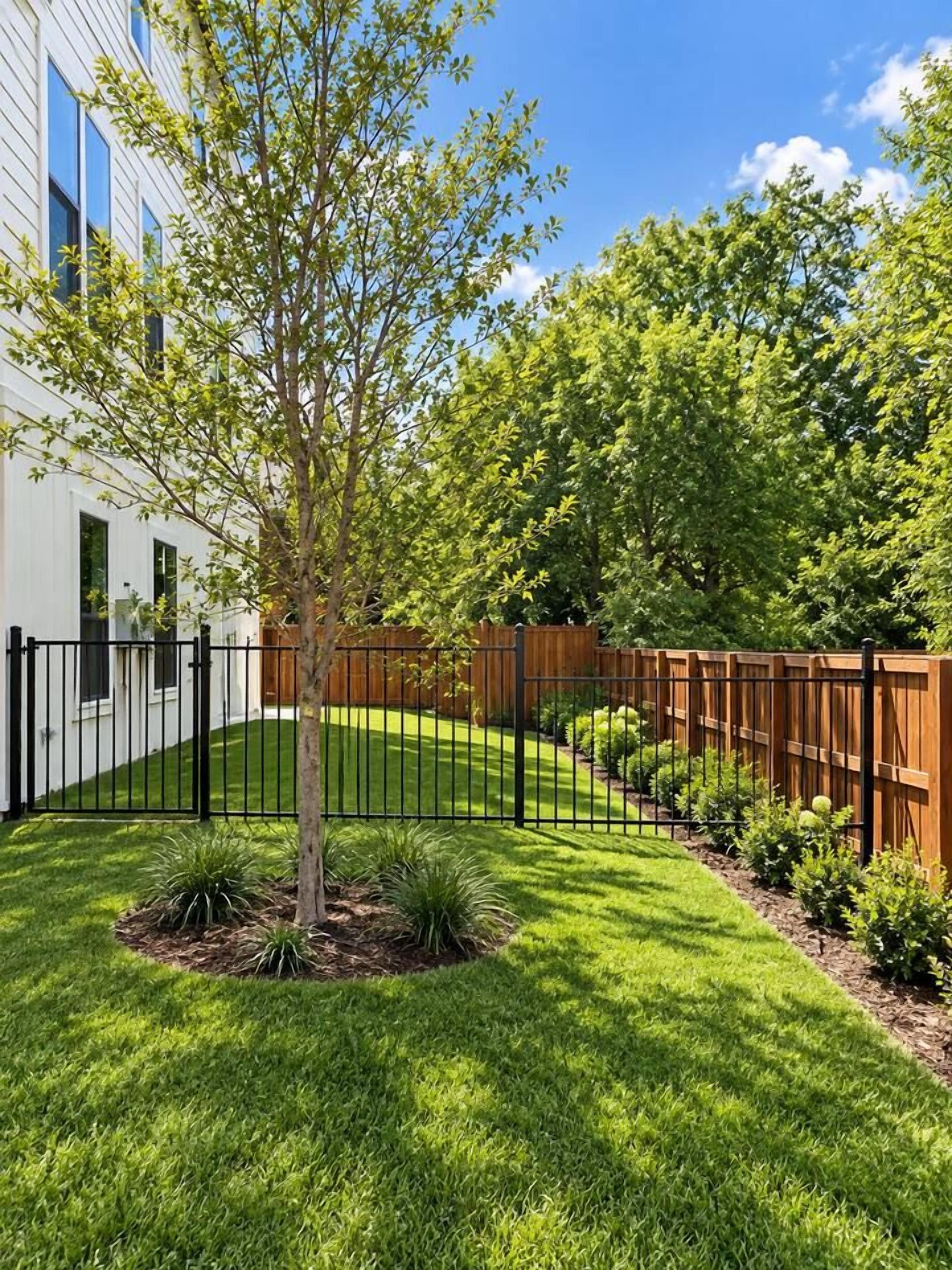 Un jardín bien cuidado con césped, un árbol y una valla de madera.