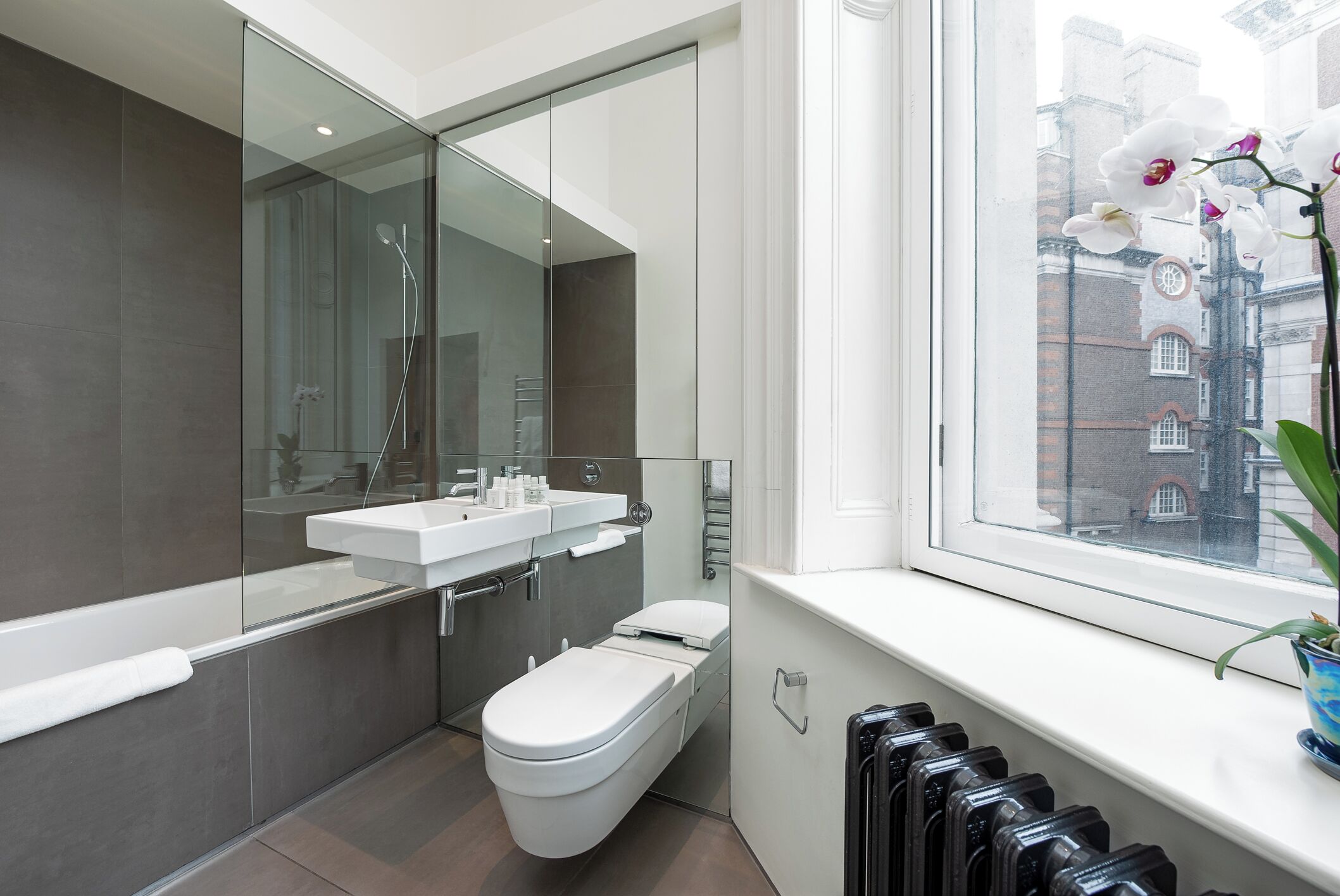 A modern bathroom with a glass shower enclosure, a white sink, and a toilet.