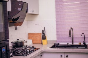 Economy Apartment, Balcony, City View | Dapur peribadi | Peti sejuk, ketuhar gelombang mikro, ketuhar, dapur 