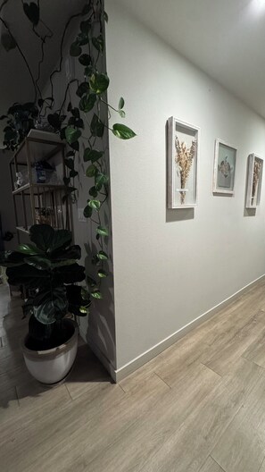 A hallway with a potted plant, a framed artwork on the wall, and a wooden floor.