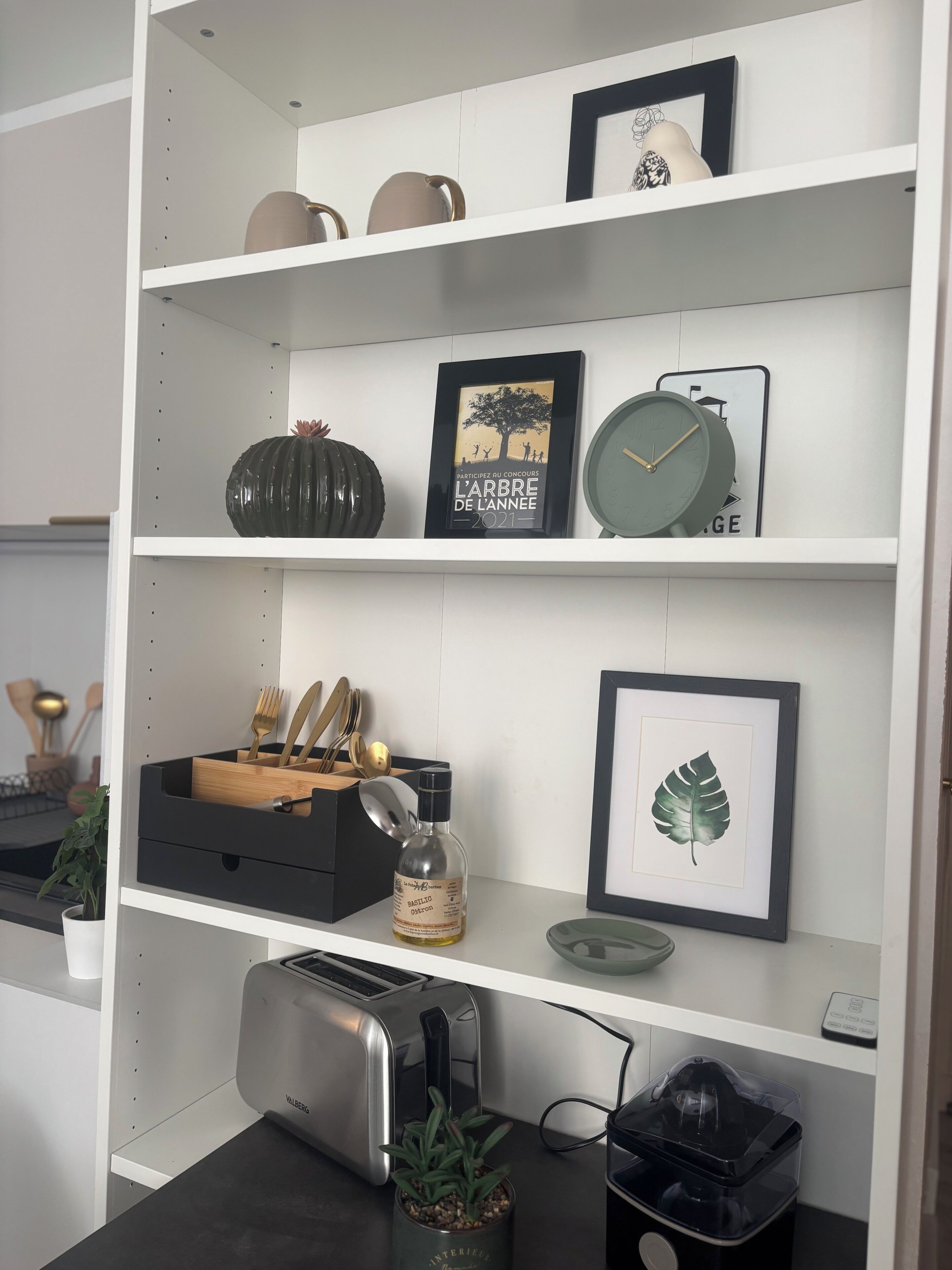 A kitchen with a toaster, a potted plant, and a framed picture on the counter.