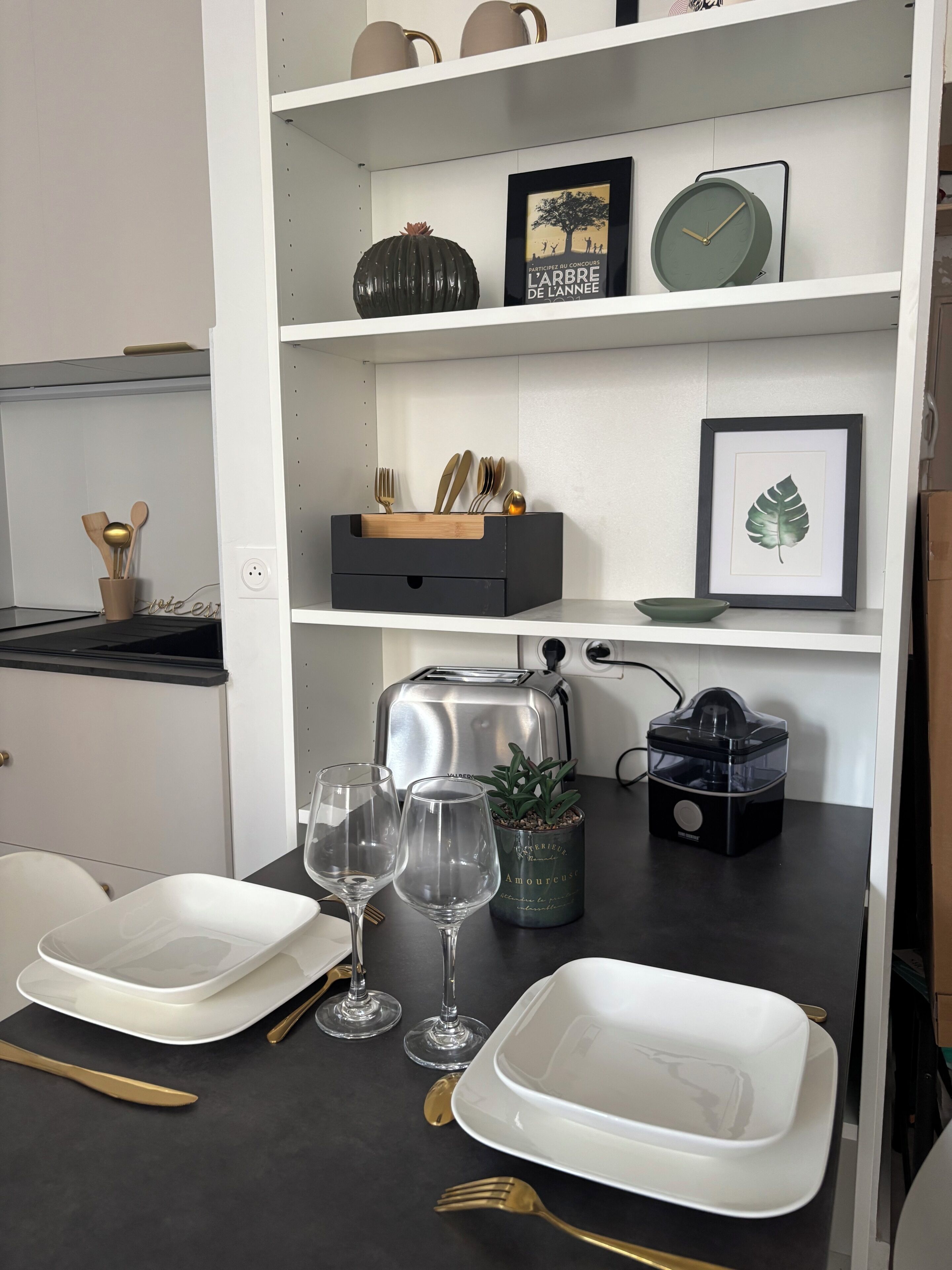 Une cuisine avec un plan de travail noir, des placards blancs, un grille-pain, un mixeur et une plante en pot.