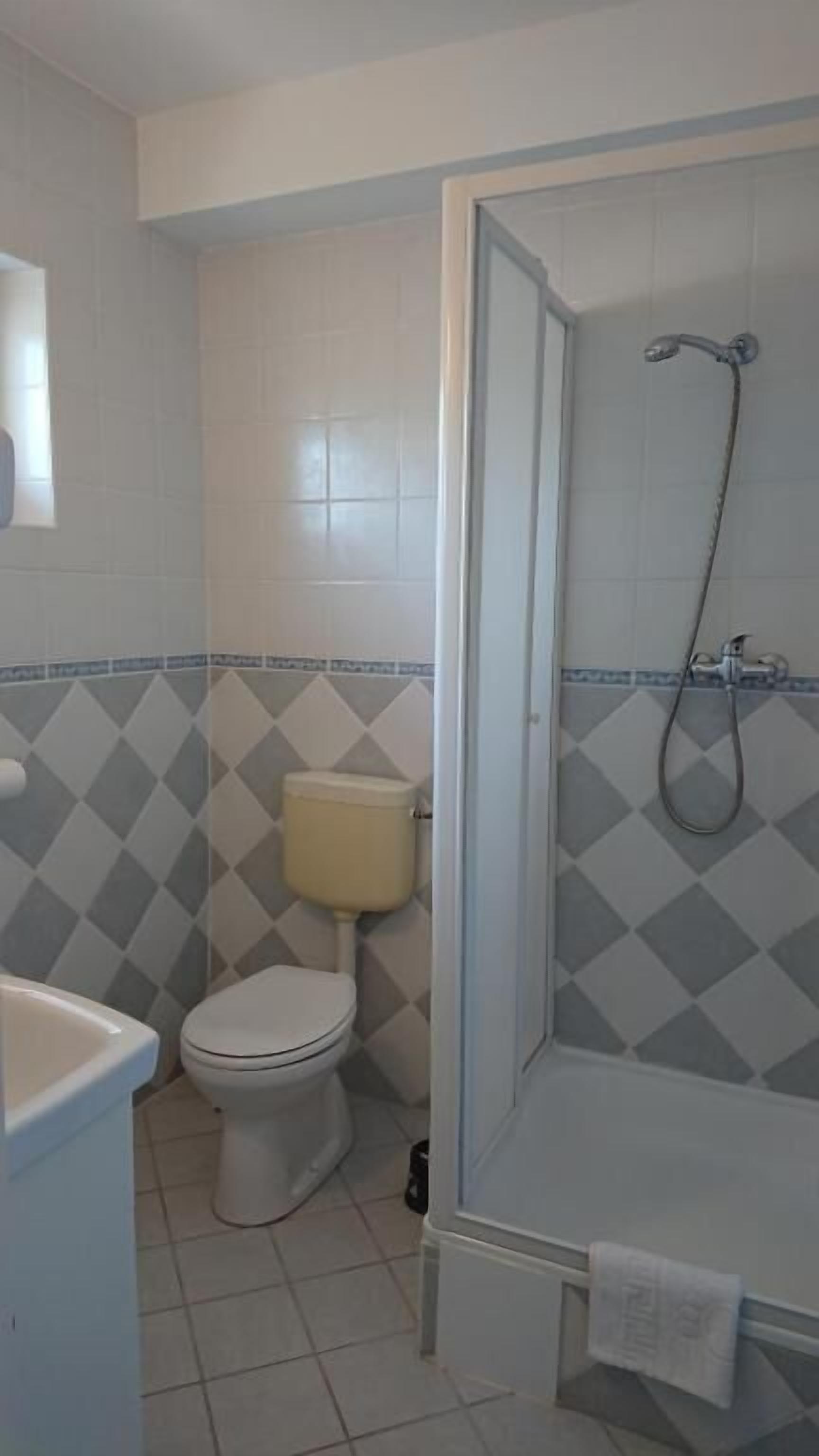 A bathroom with a toilet, a shower, and a sink.