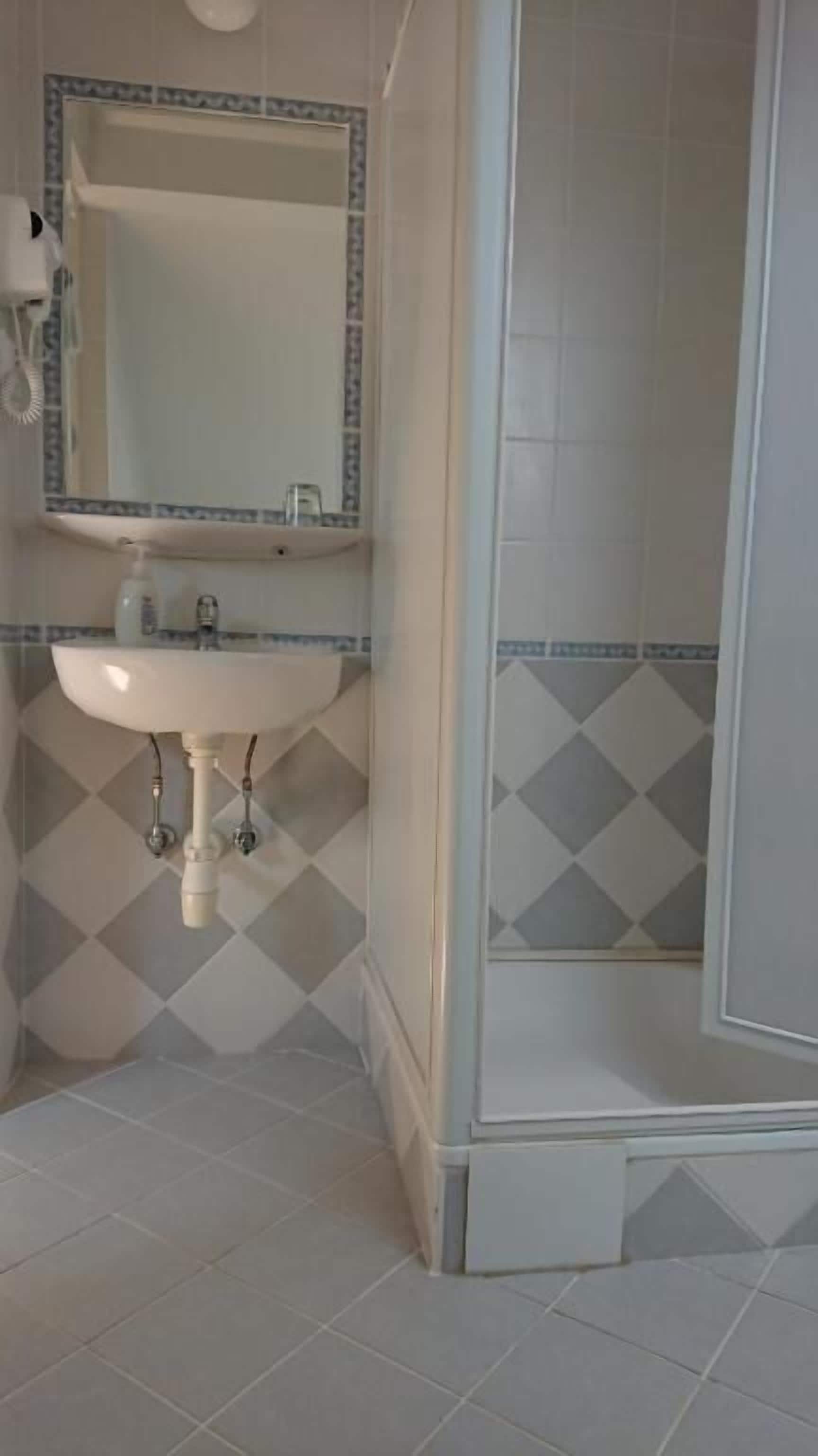 Un baño con lavamanos, espejo y ducha.