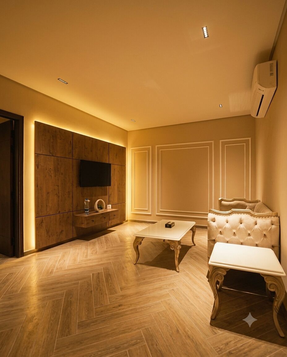 Quarto com piso de madeira, televisão fixada na parede, um sofá branco e uma mesa pequena.