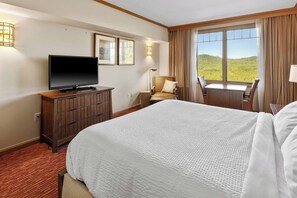 A hotel room with a large bed, a television on a wooden cabinet, a desk with a chair, and a view of a green landscape through the window.