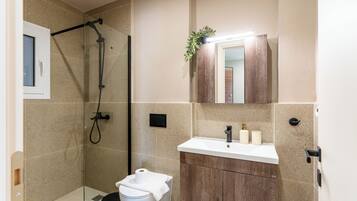 A modern bathroom with a shower, toilet, sink, and mirror.