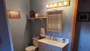 Un bagno con servizi igienici, lavandino, mobile bagno e uno specchio illuminato.