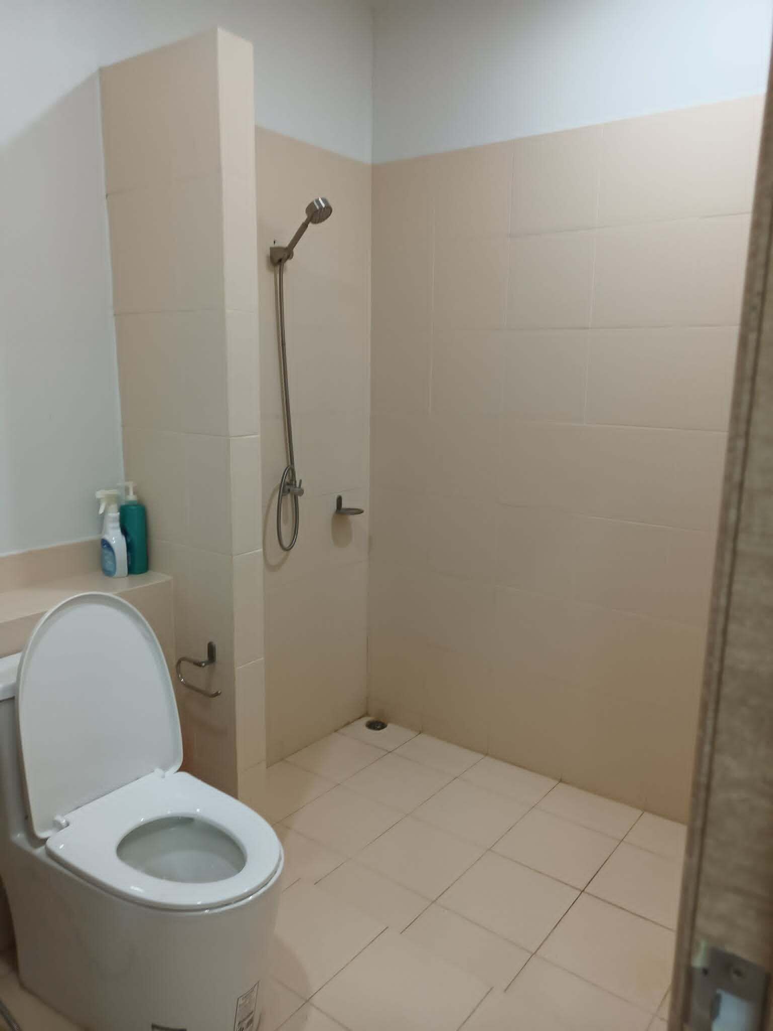 Een badkamer met toilet, douche en wastafel.