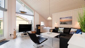 A modern living room with a fireplace, a flat-screen TV, a sofa, and a coffee table. - Urlaub in der Baltischen Natur fur 6 Personen (Grossenbrode)
