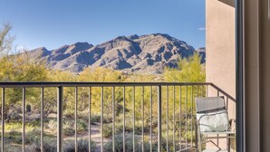 A balcony with a view of a mountain range, a cactus, and a chair with a cushion. - Mountain, Canyon & Golf Course Views from all Windows in this corner 3 bedrm (Tucson)