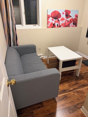 A room with a gray sofa, a white table, wooden flooring, a window with a view of red flowers, and a wall-mounted TV.