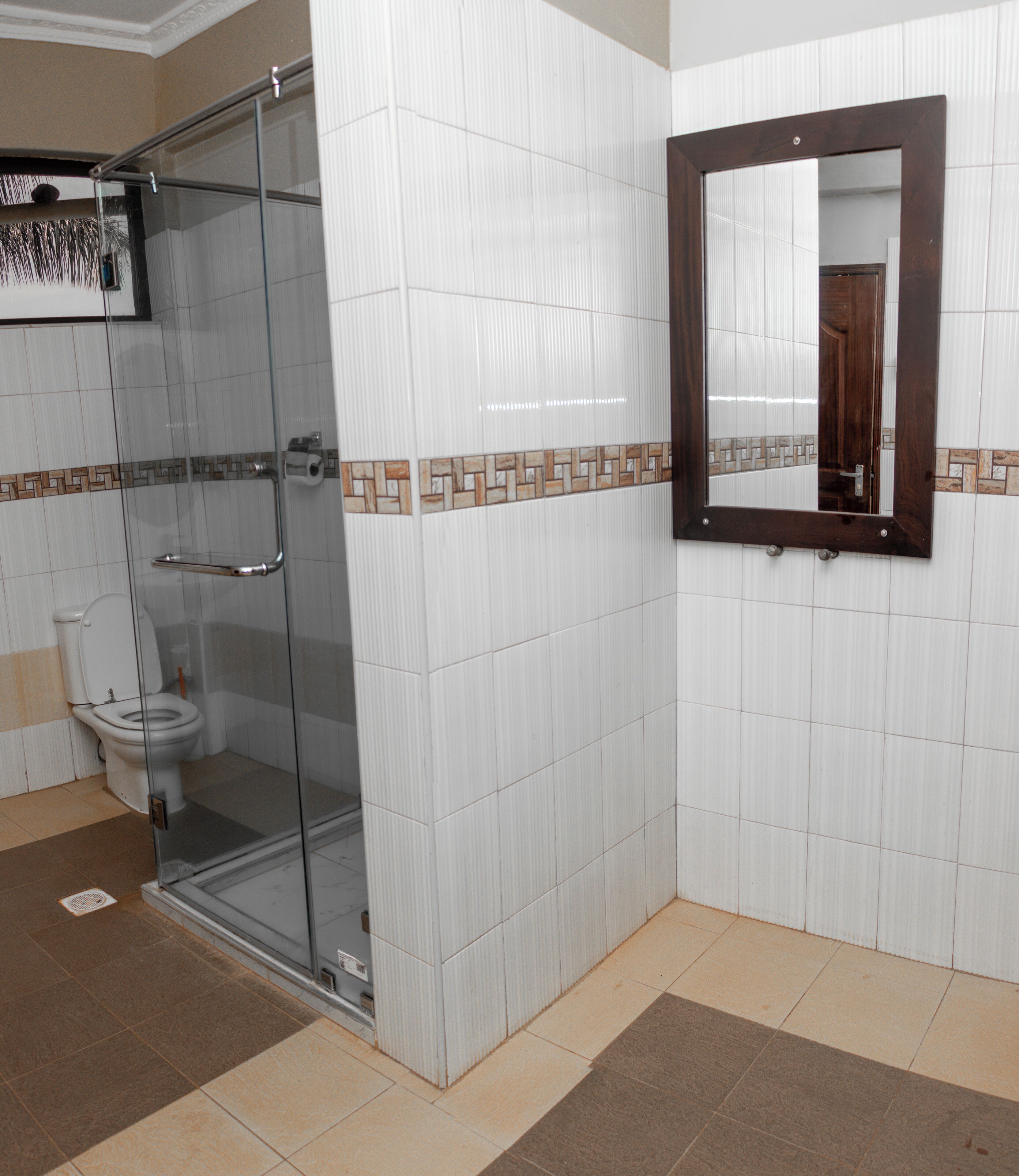 A bathroom with a glass shower enclosure, a toilet, and a mirror on the wall.