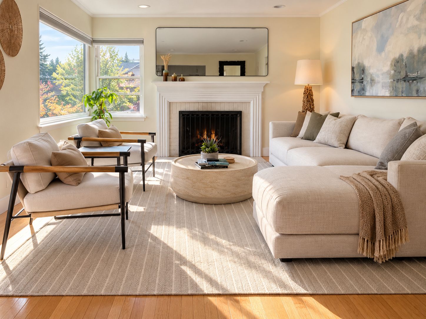 A living room with a fireplace, a sofa, a coffee table, and a view of the outdoors.