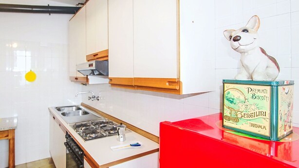 Una cocina compacta con estufa a gas, lavamanos y armarios de madera.