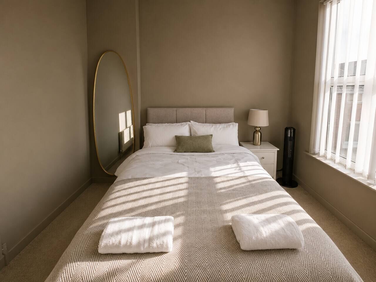 Et soveværelse med seng, puder, et sengebord, en lampe, et spejl og et vindue med persienner.