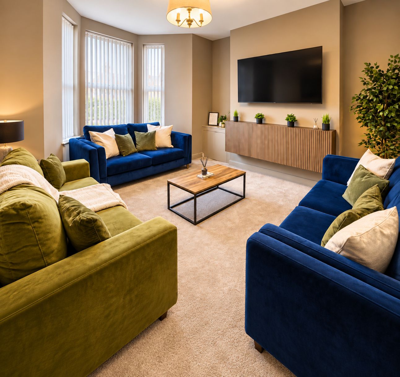 A living room with a blue sofa, green sofa, and a coffee table.