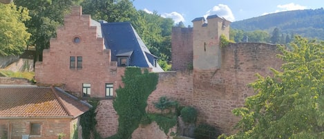 A historic stone building with a steeply pitched roof, a small tower, and a surrounding wall.