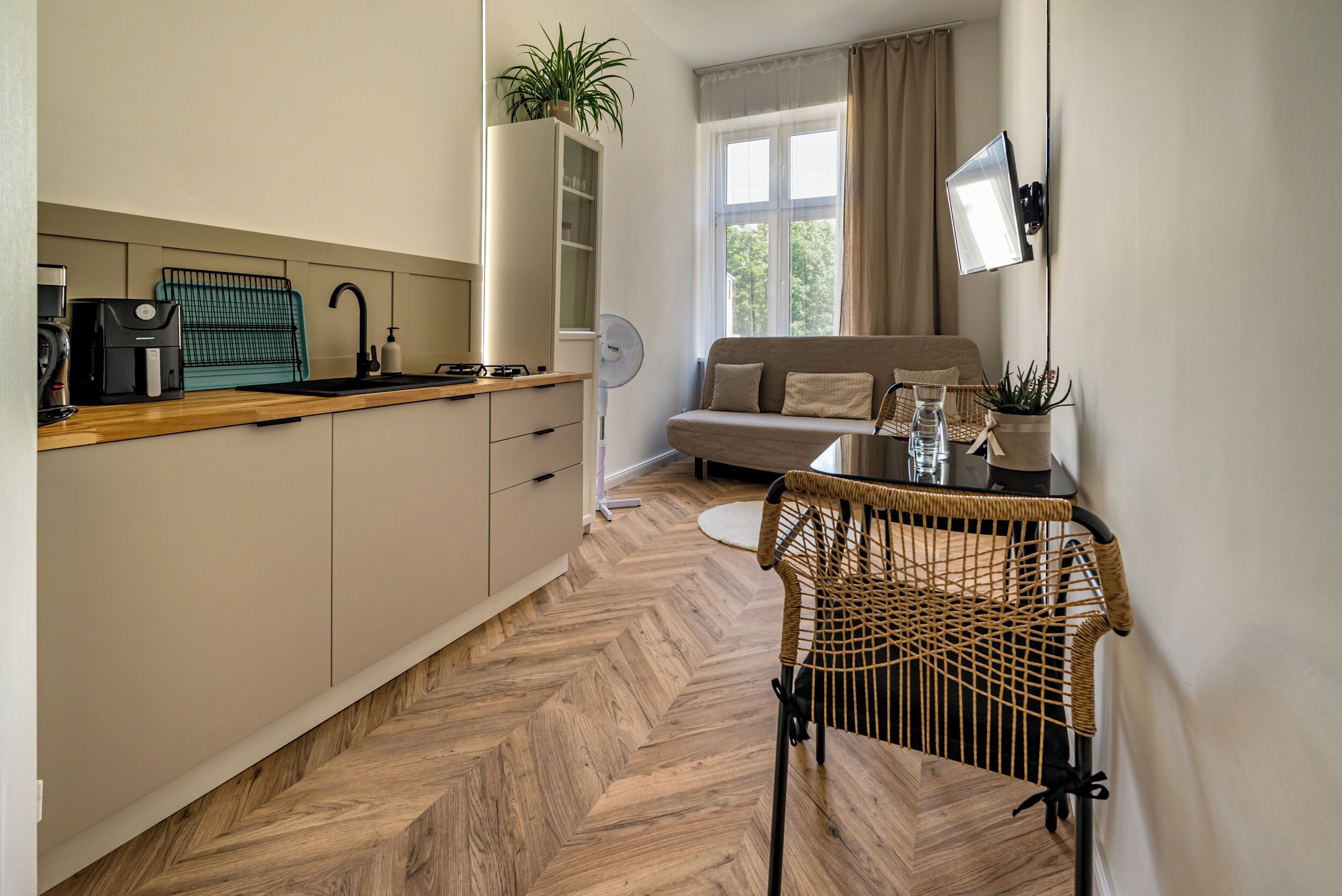 A compact living space with a kitchenette, a sofa, a dining table, and a chair.