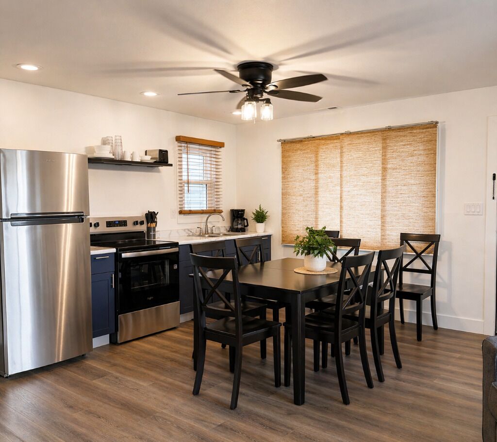 Coffee/tea maker, fridge, microwave, oven