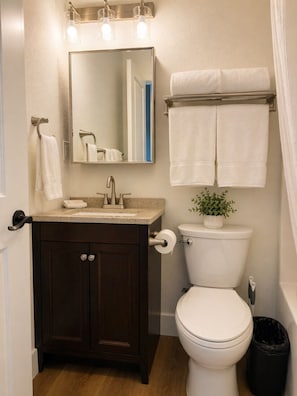 A bathroom with a white toilet, dark wooden vanity, a mirror, and a small potted plant.
