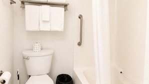 Une salle de bain comprenant des toilettes, un bidet, une poubelle, un porte-serviettes et une baignoire avec un rideau de douche.