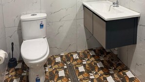 A bathroom with a toilet, sink, mirror, and a shower area. - Cozy 2-bedroom apartment located just 5 minutes from Nadi International Airport. (Martinar)
