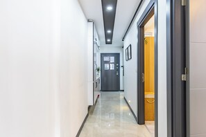 Ein moderner Flur mit einer dunklen Tür, einer hellen Wand und einer Holztür am Ende.
