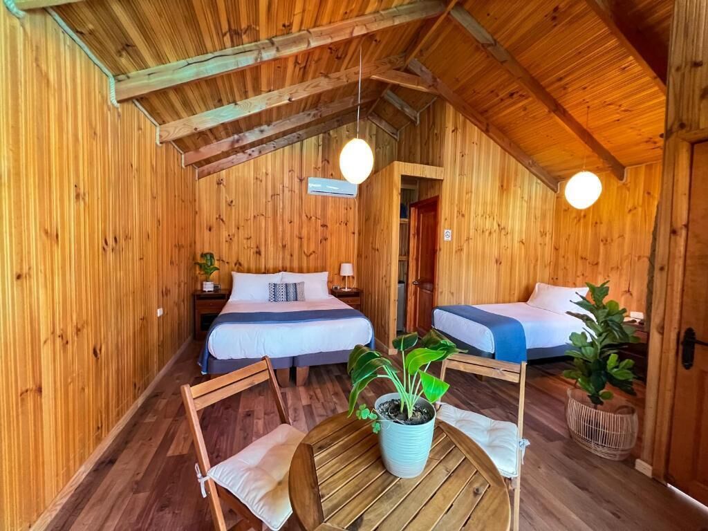 A wooden cabin with two beds, a dining table with chairs, and a potted plant.